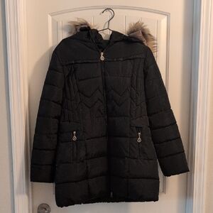 Women's Black Puffer Jacket with Faux Fur Hood